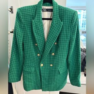 ZARA -Women Double Breasted Green Long Structured Lapel Collard Blazer